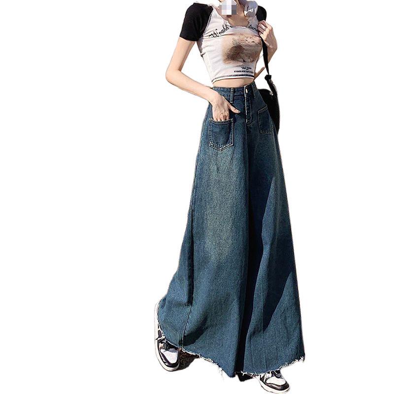 Юбка деним 2024 в стиле ретро с высокой талией и широкими штанинами с необработанными краями для весны и осени