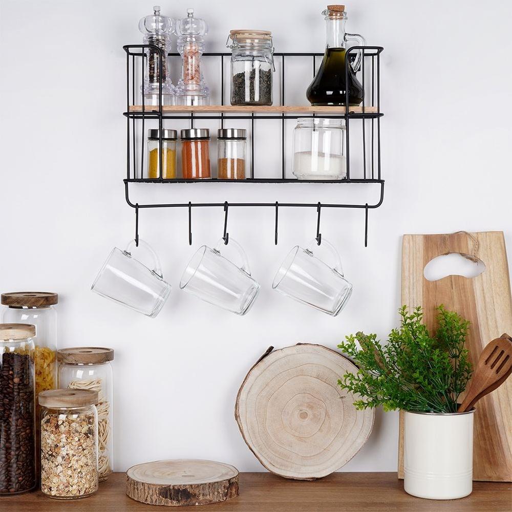 Black Wall Shelf with Hooks 41x12cm