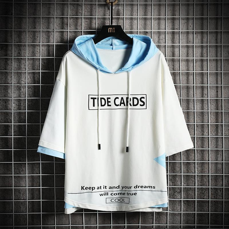 Модная мужская толстовка контрастного цвета с капюшоном и рукавами три четверти — большой размер.