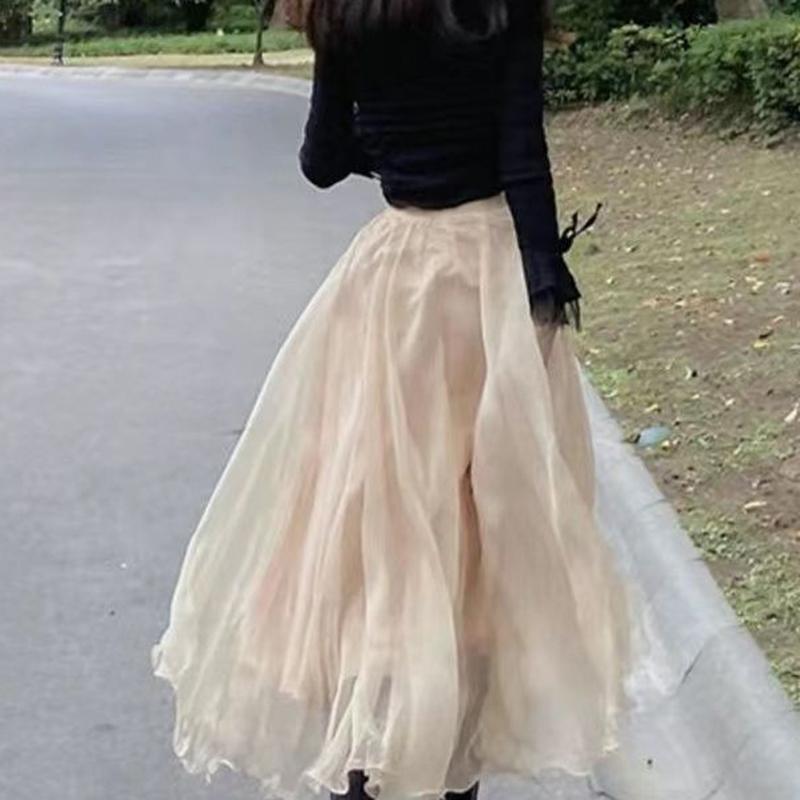 Весенняя женская шифоновая юбка, повседневная, с высокой талией, свободная юбка длиной до щиколотки, универсальные женские юбки-трапеции с оборками