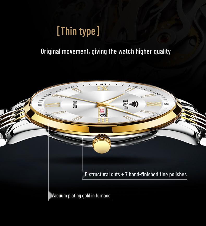 Butterfly Clasp Men's Ultra-Thin Luminous Stainless Steel Dual Calendar Waterproof Quartz Watch