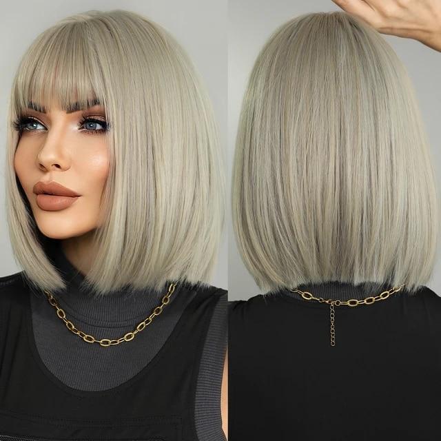 Выделите прямой парик боб для женщин, повседневный парик для косплея, синтетические черно-белые волосы, парики с челкой, термостойкие