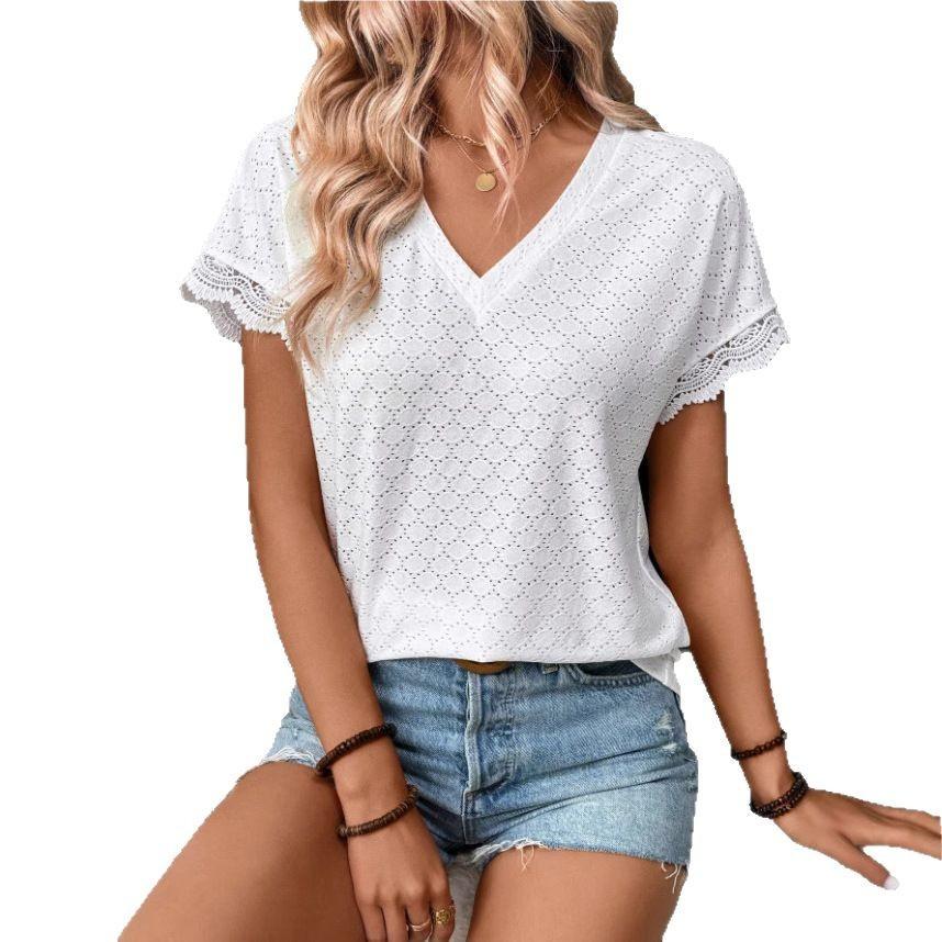 Ladies Summer V Neck Lace Short Sleeve Solid Color Pullover T Shirt Top