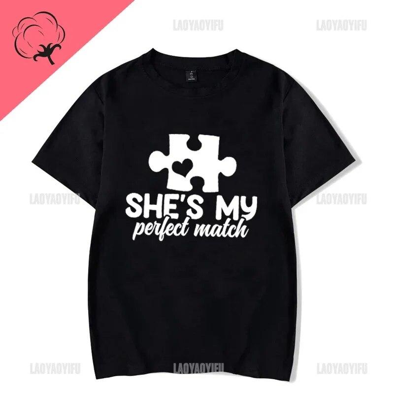 Couple T Shirt for Lovers Cotton Tee He's She's My Perfect Match Print T Shirts Unisex Summer Tops Anniversary Matching