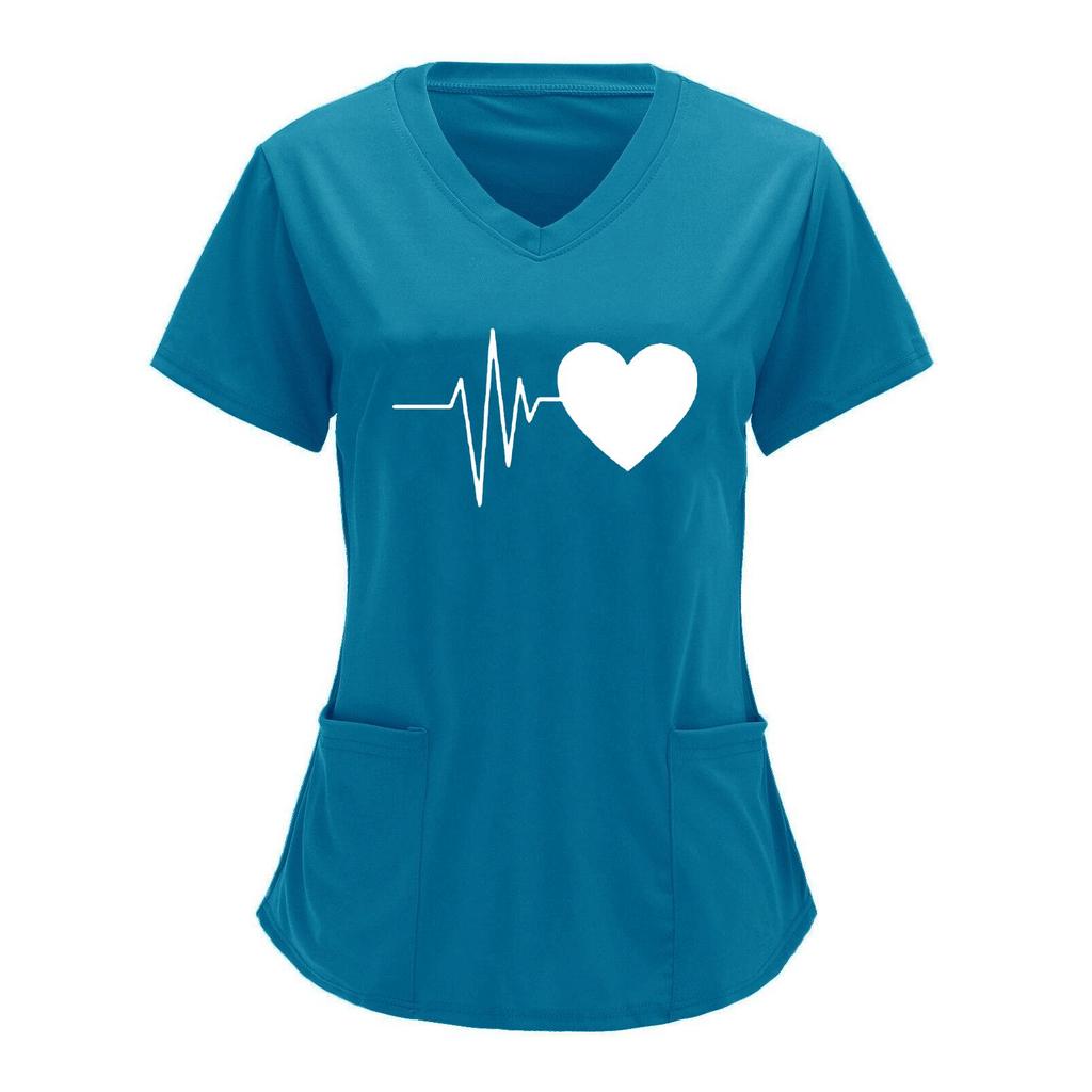 Униформа медсестры с принтом «Сердцебиение и любовь» в европейском и американском стиле, V-образный вырез, два кармана, футболка с коротким рукавом, большой размер