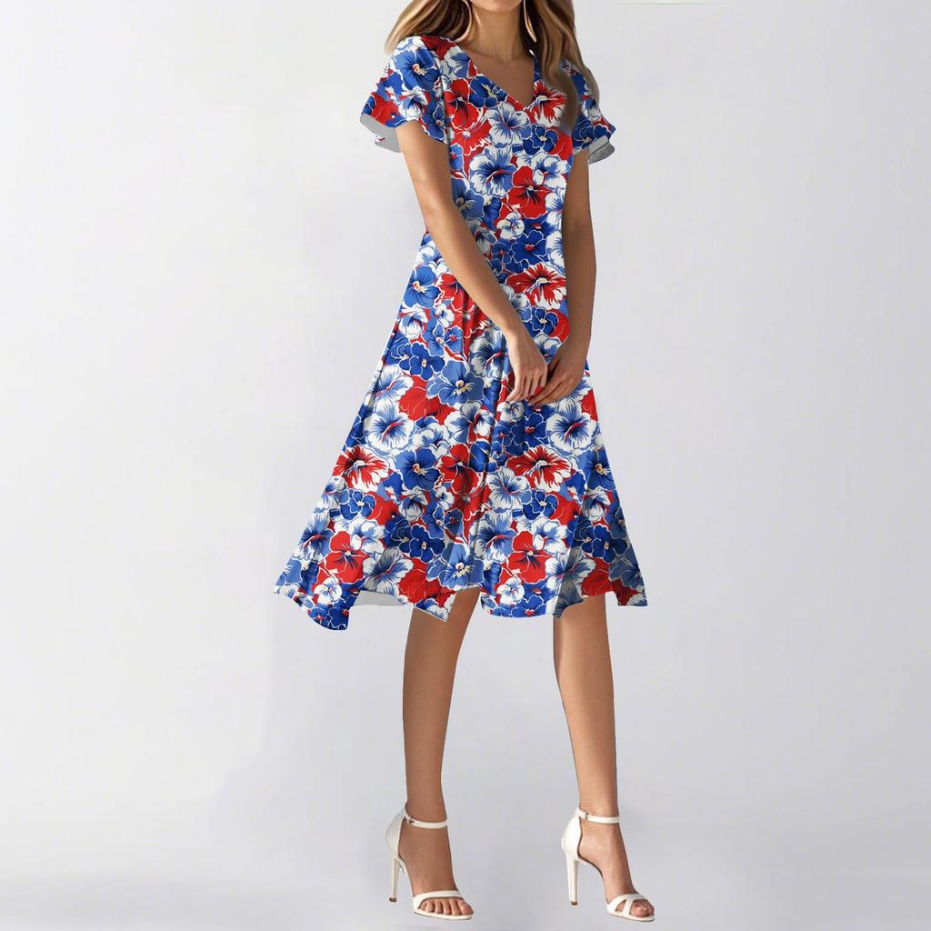 Women's Summer Casual Fashion Flower Print Dress V Neck Short Sleeve Short Skirt