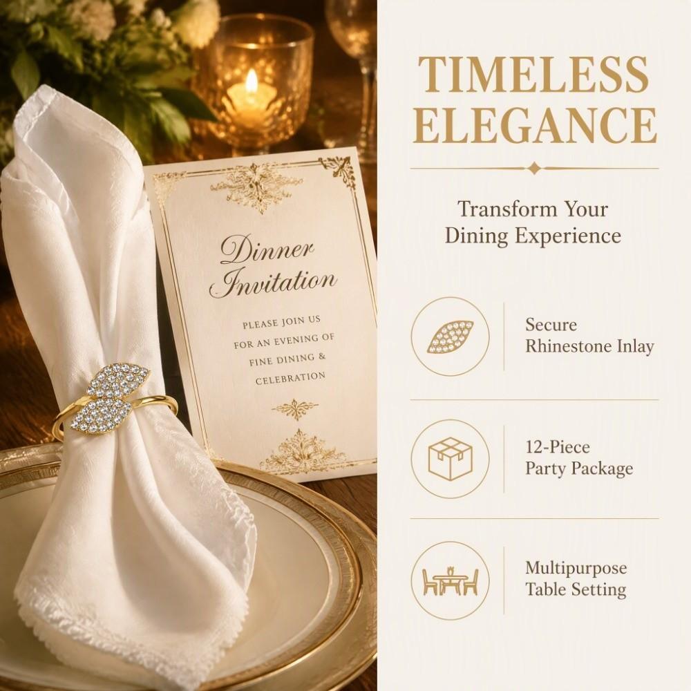 12 PCS Zinc Alloy Leaf Napkin Holders Gold Napkin Holder Elegant Napkin Ring Set Holiday Decor