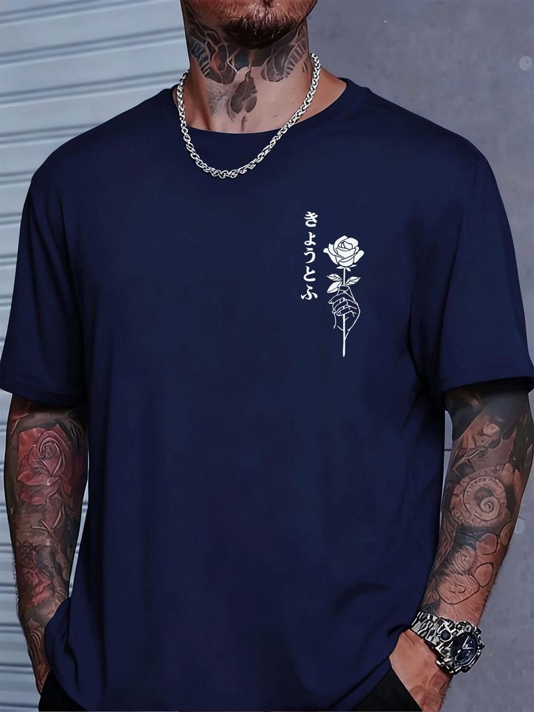 Unisex Crew Neck Tee Japanese Letter Hand Rose Chest Print Short Sleeve Oversized Male Daily Casual Soft Breathable Basic Wear Top