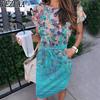 Women's Fashion Summer Spring Flower Pattern Print Short Sleeve O-Neck High Waist Casual Dresses