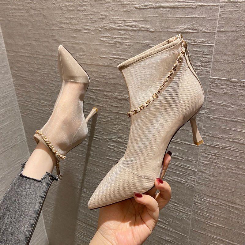 Женские босоножки, летние, новые, с металлической цепочкой и сексуальными черными холодными ботинками, на высоком каблуке, сандалии с застежкой-молнией и закрытым задником, ПУ, туфли для вечеринок, с заостренным носком