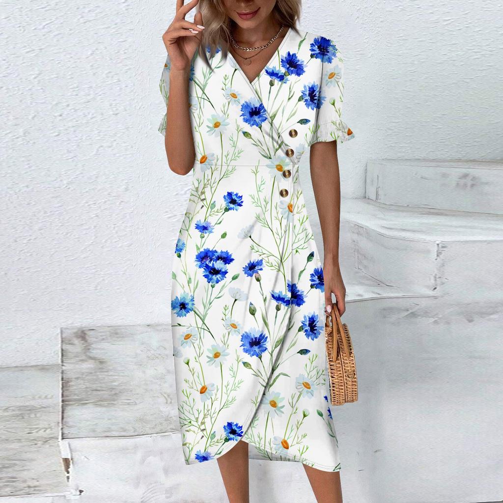 Beach Dresses For Women Spring Summer Elegant Wrap V Neck Floral Boho Dress Flowy Ruched Hawaiian Maxi Dress