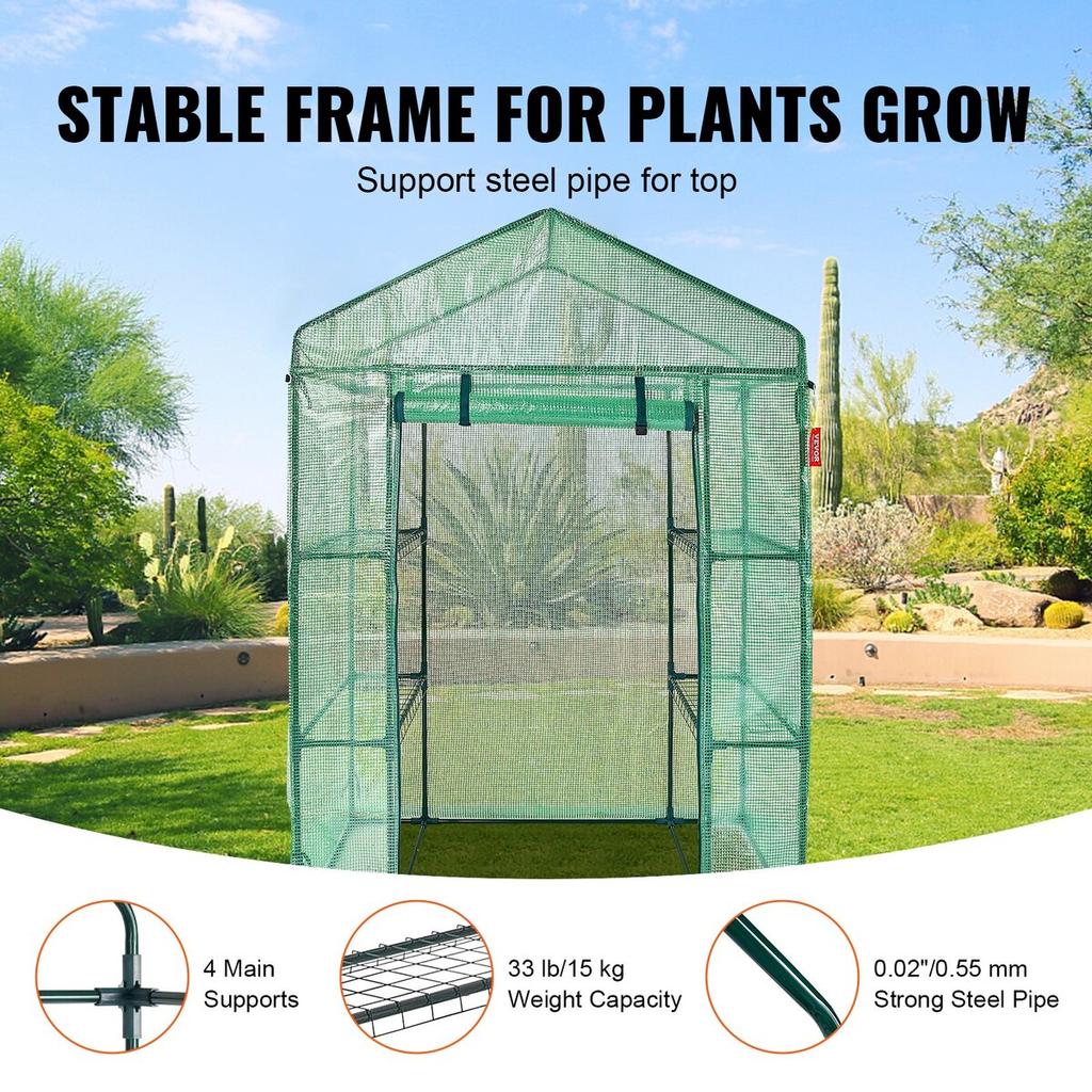 Walk-in Green House, 4.6 x 2.4 x 6.7 ft Greenhouse with Shelves, Set Up in Minutes, High Strength PE Cover with Doors & Windows and Steel Frame,