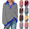 Women's Long Sleeve Lapel V Neck Striped Loose Tops Sweatshirt, Long Sleeve Color Block T-Shirt Casual Tops