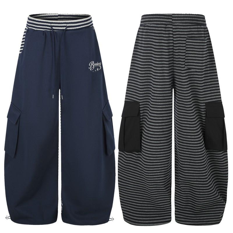 Mens Striped Patchwork Wide Leg Pants Loose Streetwear Cargo Trousers Multi-Pocket