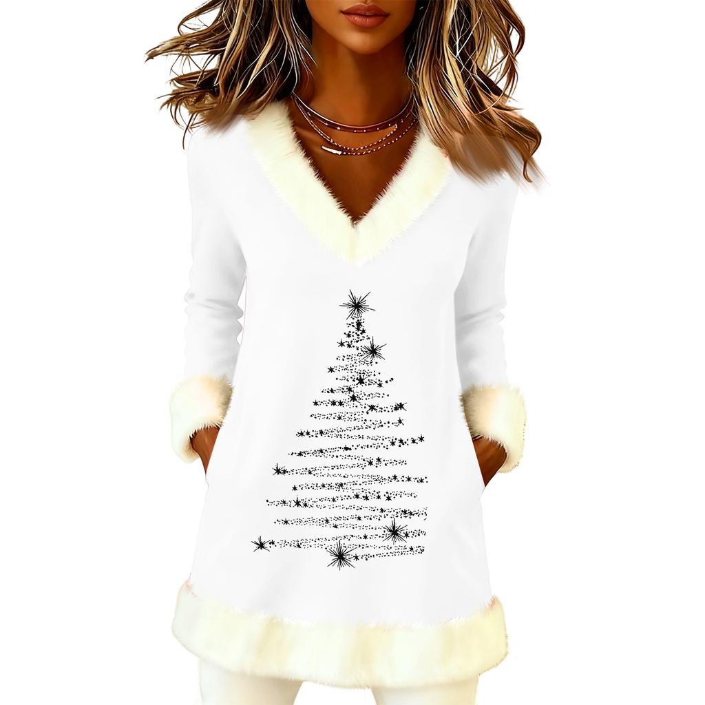 Women's Christmas Fashion Plush V-neck Pullover Sweater Solid Color Long Sleeve Top