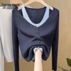 Women's V-Neck Colorblock Faux Two-Piece Knit Sweater