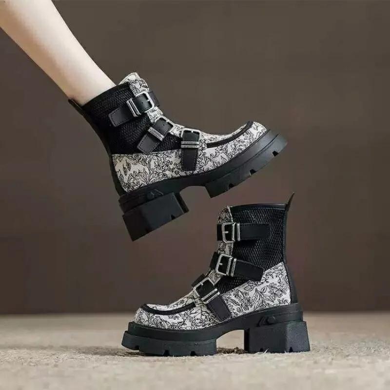 Модные удобные сапоги на толстой подошве высотой 6 см для женщин, лето 2024, новые сетчатые дышащие короткие сапоги, повседневные сапоги с толстым каблуком и сеткой