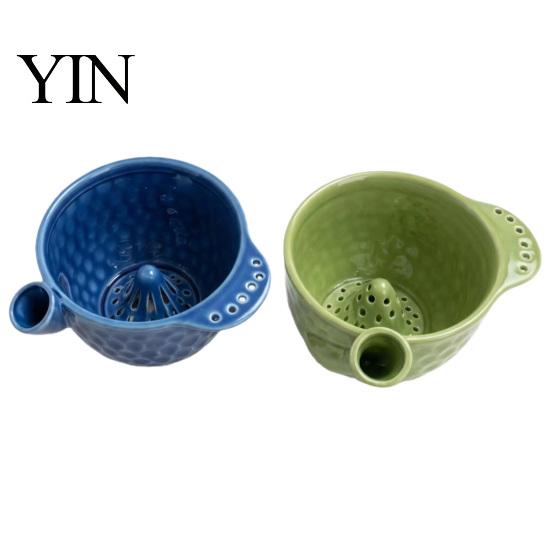Vegetable Drainer with Side Spout Ceramic Berry Washing Bowl Drain Holes, Self Spinning Fruit Blueberry Washer, Swirling Rinsing Colander for