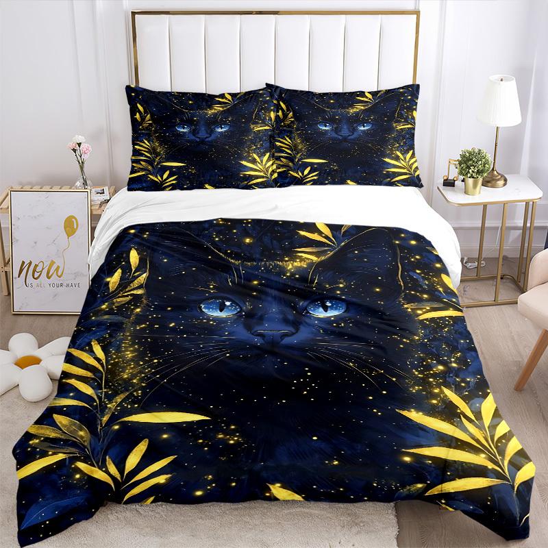 3pcs Midnight Black Cat Duvet Cover Set - Machine Washable, Includes 1 Cover and 2 Pillowcases, No Core Included yy251013043