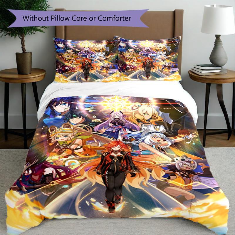 3pcs Duvet Cover Set (1*Duvet Cover + 2*Pillowcase, Without Core), Genshin Impact Print Bedding Set, Bedroom Decor, All‑Season, Birthday Gift