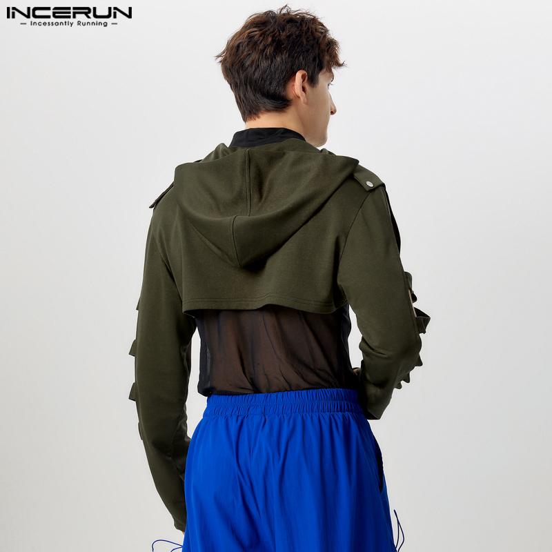INCERUN Мужские короткие топы с длинным рукавом, однотонные укороченные толстовки с капюшоном