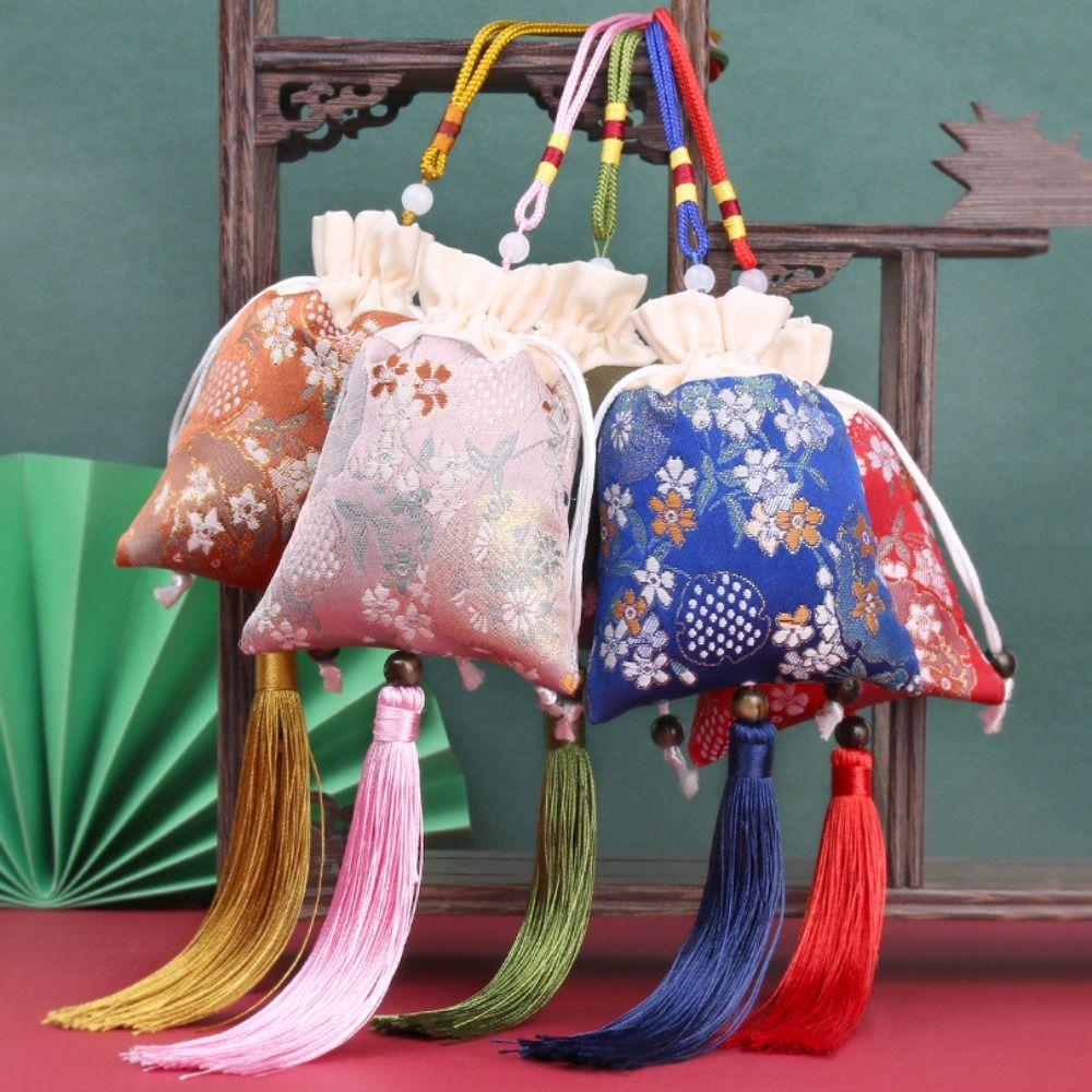 Beaded Flower Tassel Drawstring Bag Mini Coin Purse Chinese Style Sachet Bag  Party