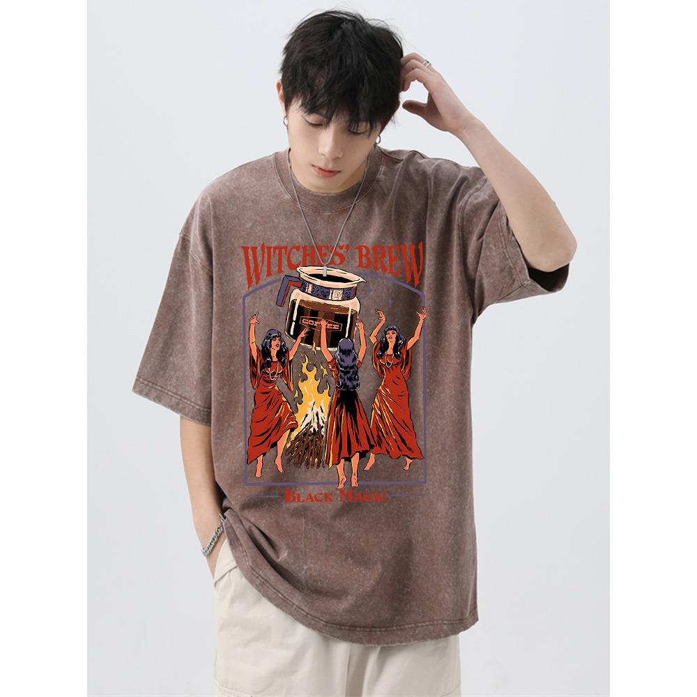 Ведьмы варят кофе Black Magic Washed Retro Мужские топы Свободная уличная футболка Летняя футболка Большие свободные футболки