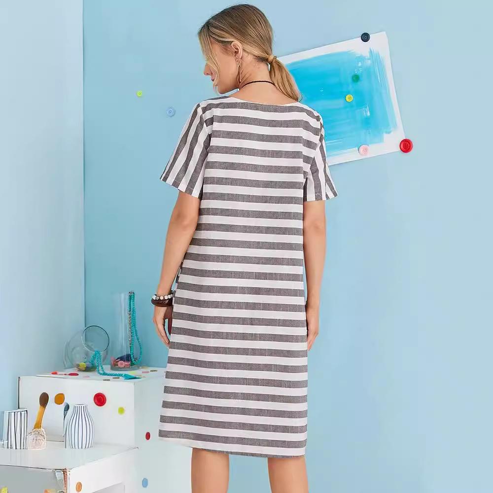 2023 Горячий Стиль Полосатое Платье Женское С Коротким Рукавом и Круглым Вырезом Свободного Покроя Большого Размера