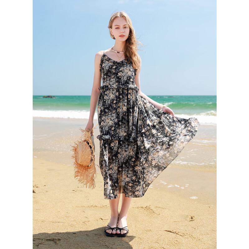 Sancai 2025 Летнее Цветочное Макси-платье с Рюшами на Тонких Бретелях