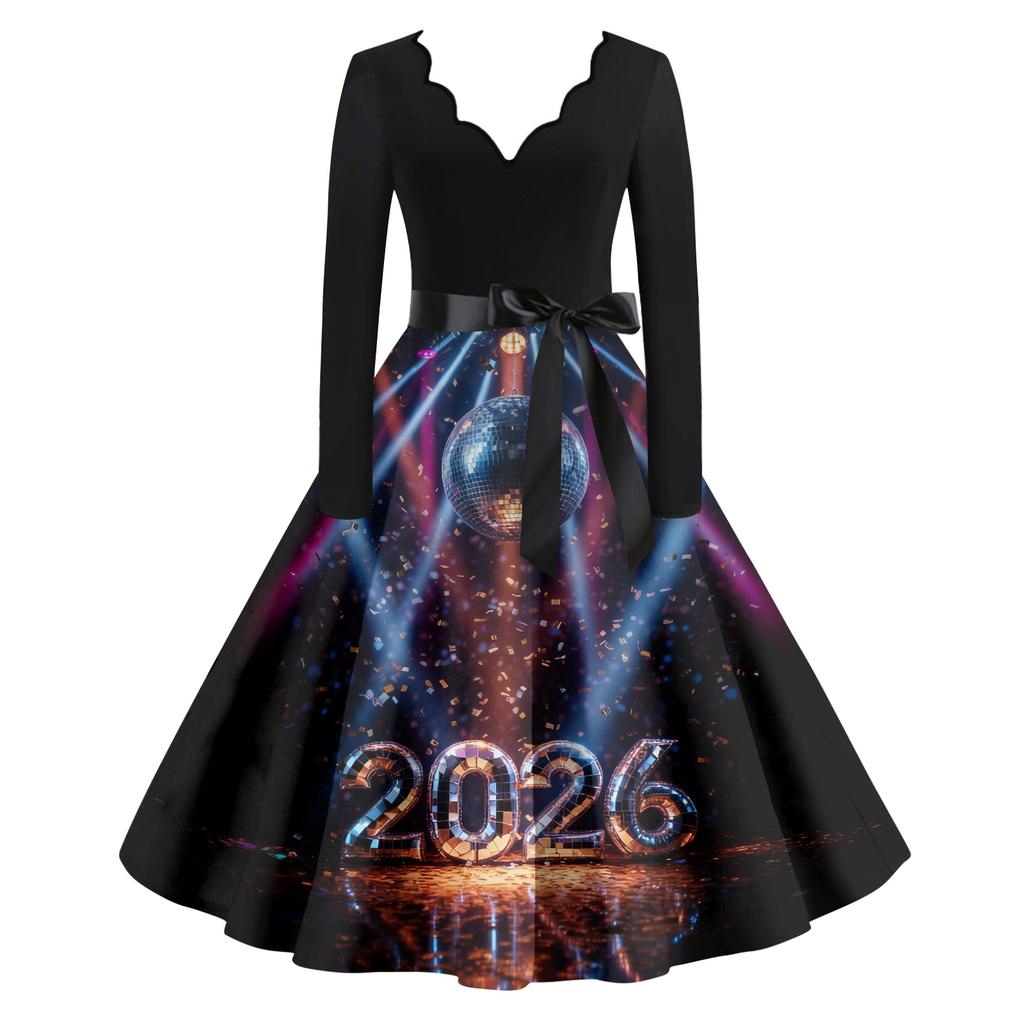 Женское повседневное модное платье винтажного стиля с V-образным вырезом и новогодним принтом