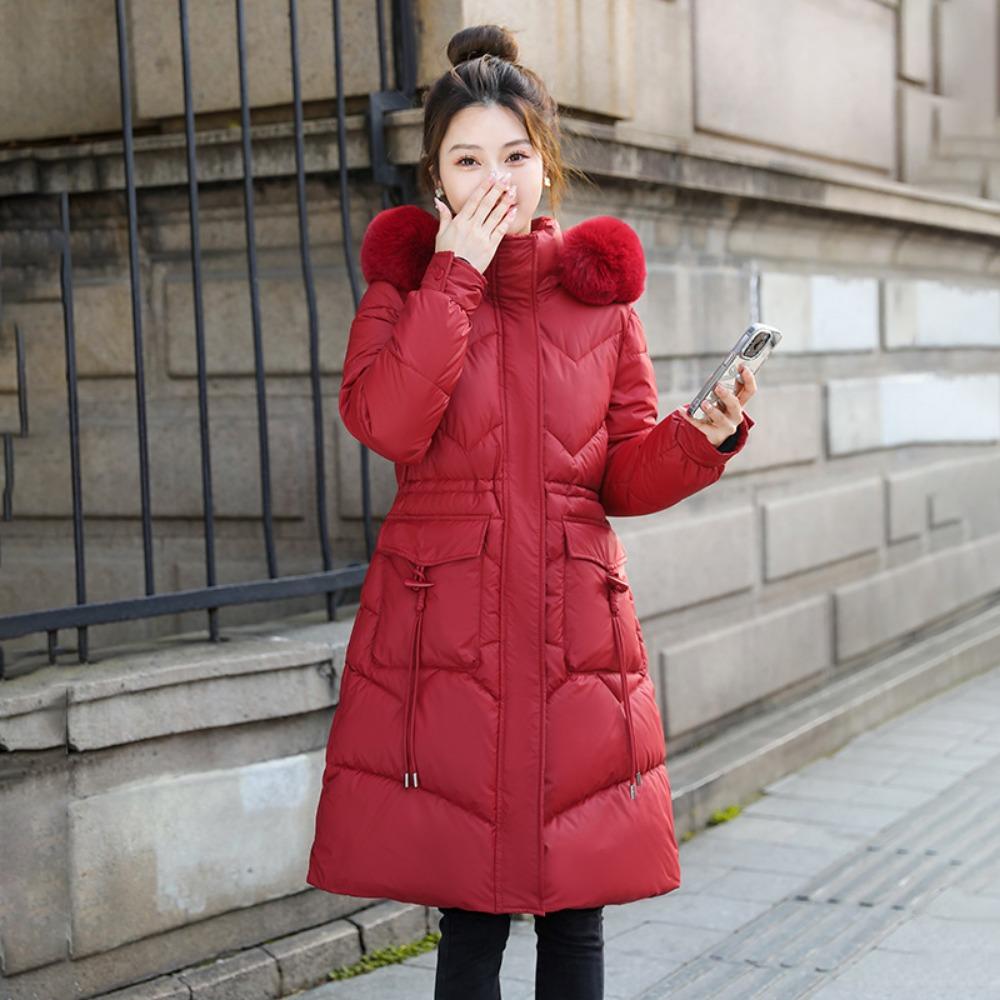 Зимняя новая корейская версия длинного ниже колена хлопкового пуховика для женщин с большим меховым воротником, приталенный и утолщенный хлопковый пуховик для женщин