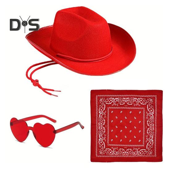 3 шт./компл. ковбойская шляпа, женская розовая фетровая шляпа в стиле вестерн, ковбойская шляпа с банданой, очки, аксессуары, головной убор