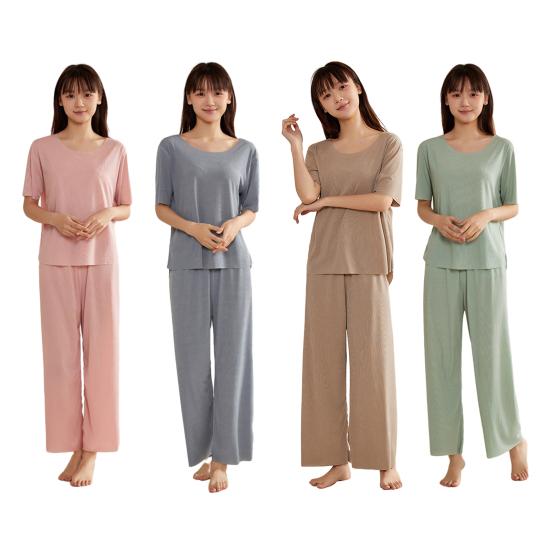 Женский комплект пижамы Ice Silk с короткими рукавами и широкими штанами, комплект летней ультратонкой двухкомпонентной пижамы для дома и сна