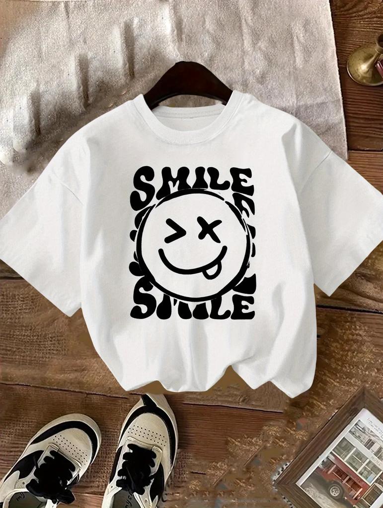New Arrival Girls Polyester T Shirt, Cute Letter Smiley Face Print Round Neck Short Sleeve Tops, Breathable Casual Summer Kids Tees
