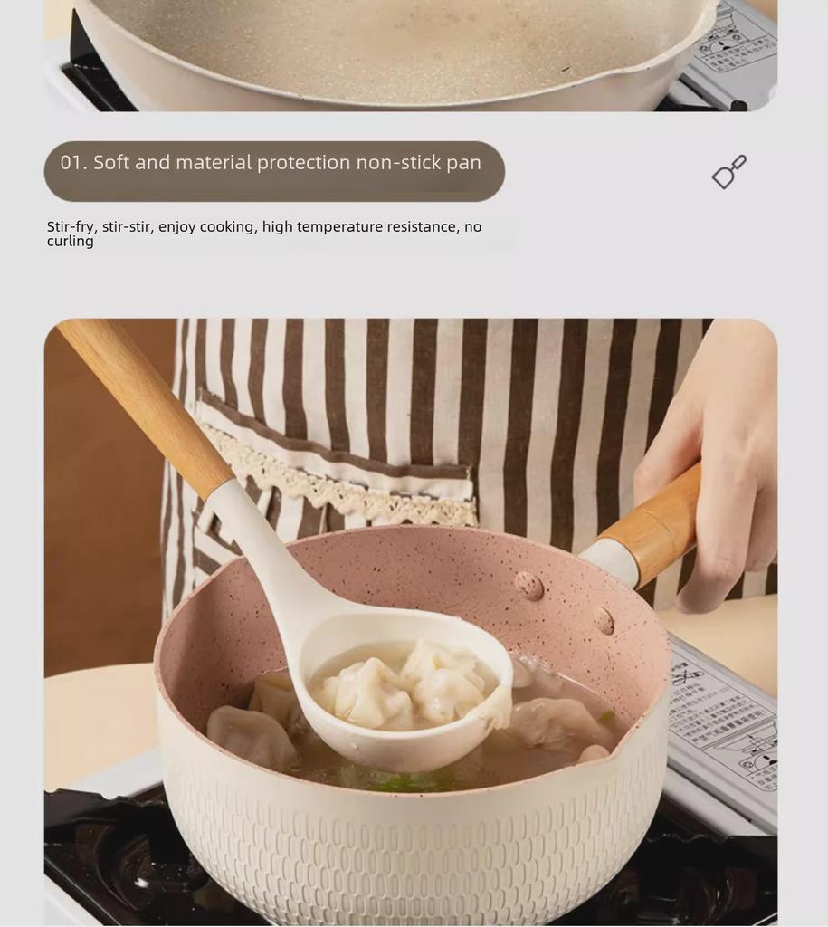 Кухонные принадлежности с антипригарным покрытием из силикона и бука: Лопатка с деревянной ручкой, лопатка для жарки и ложка для супа.