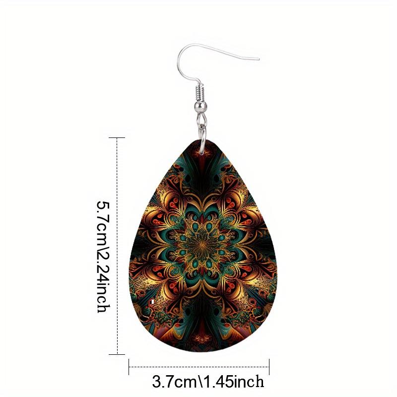 Bohemian Style Colorful Kaleidoscope Mandala Pattern Tears Earrings Lightweight Fashion Waterdrop Shape PU Leather Earrings