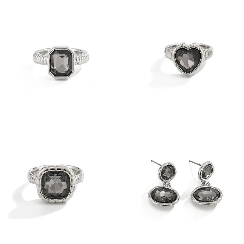SHIXIN New Trendy Black Acrylic Rhinestone Earrings Open Rings Jewelry Set for Women 2026 New Luxury Accessories Lady Gifts