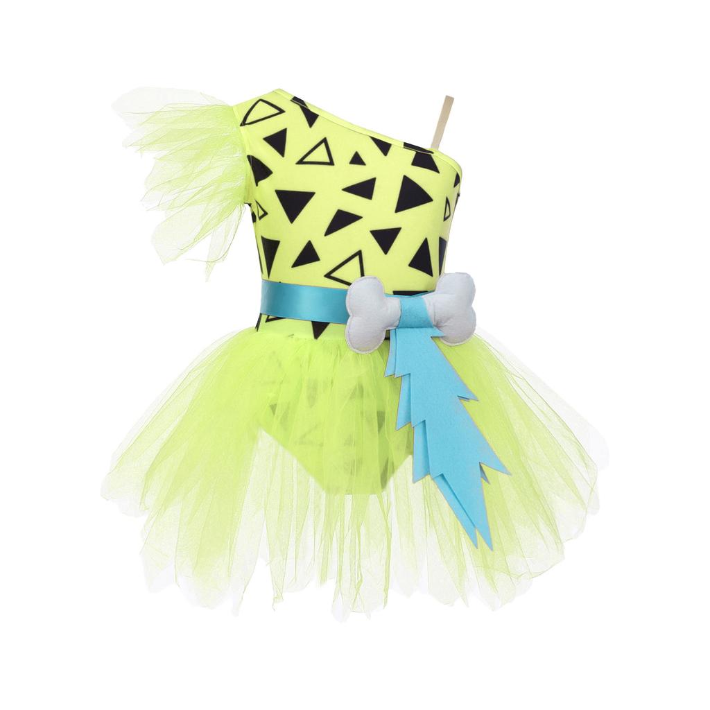 Girls Cavegirl Outfit Patchwork Tutu Dress Adjustable Strap Mesh Short Sleeve Built In Briefs 3D Bone Belt Prehistoric Costume