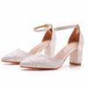 7cm Square Thick Heel Pointed Toe Hollow Sandals for Spring Square Heel Light Mouth Women's Shoes White Lace Mesh Bridal High Heels