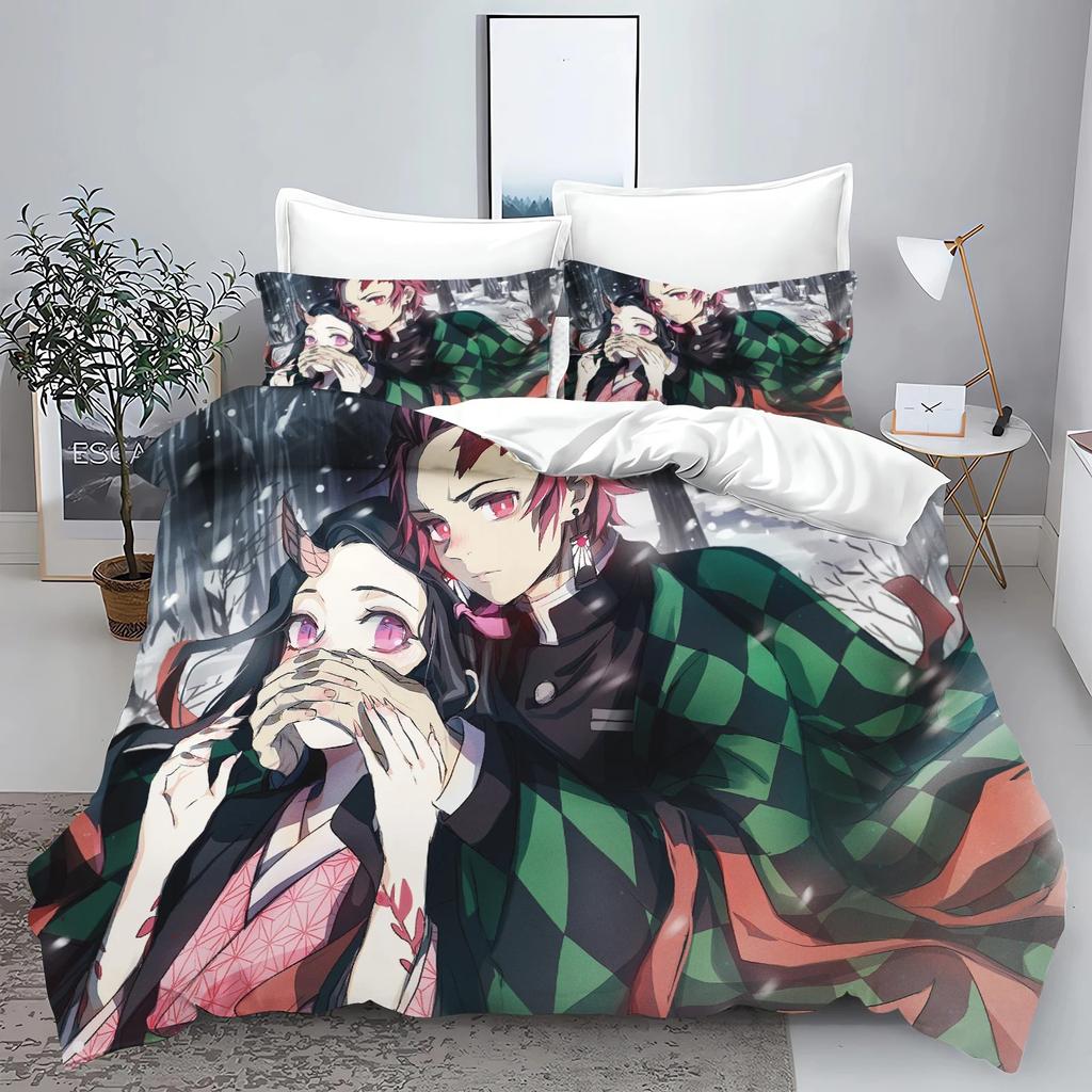 Истребитель демонов Kimetsu no Yaiba камадо Нэдзуко Аниме 100% полиэстер Постельный комплект Набор пододеяльников Принт Мультфильм Домашний декор