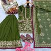 Exquisite Embroidered Georgette Sharara Suit Set – Tunic, Flared Pants & Organza Dupatta