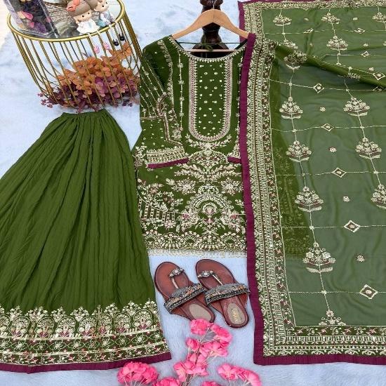 Exquisite Embroidered Georgette Sharara Suit Set – Tunic, Flared Pants & Organza Dupatta