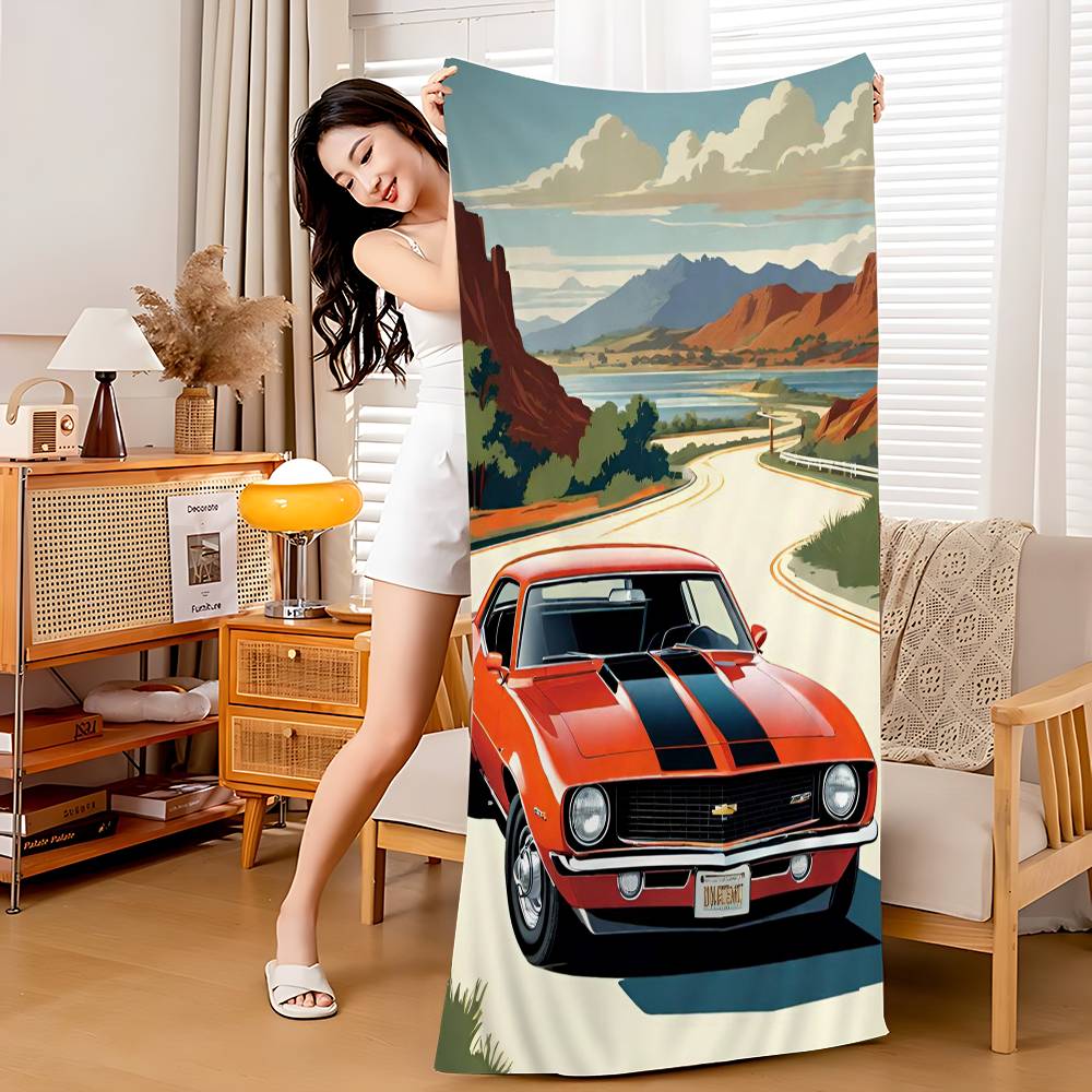 Vintage Pictures Sports Car Pickup Truck Luxury Car Bath Towel Soft Water Absorbing For Girl Kids Decorative Cartoon Beach Towel