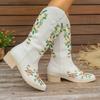 Ladies Shoes On Sale 2024 Slip On Mid-Calf Women's Boots Retro Daily Boots Women Embroidery Square Toe Square Heel Shoes Women