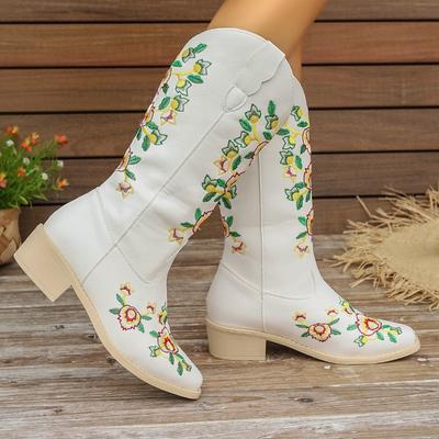 Распродажа женской обуви 2024 года, женские сапоги до середины голени, повседневные ботинки в стиле ретро, женские туфли с вышивкой и квадратным носком на квадратном каблуке для женщин