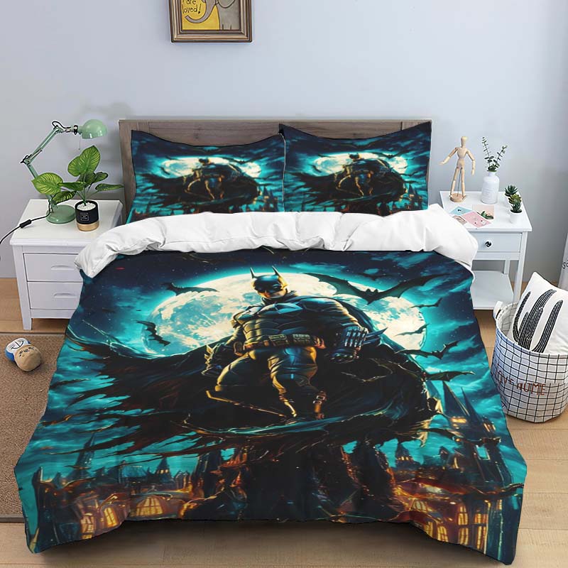 Batman childhood bedding set, including one duvet cover and two pillowcases, a perfect home décor gift for Batman f