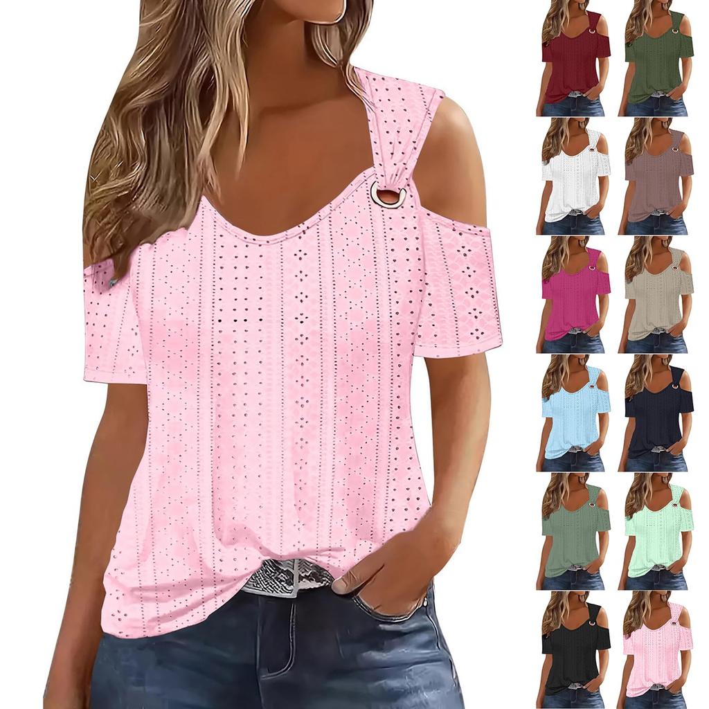 Новая повседневная однотонная женская футболка с короткими рукавами и v-образным вырезом с открытыми плечами, топ