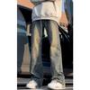 High Street Denim Pants For Men, Retro Distressed, Loose Straight Leg Pants, Wide Leg Sports Pants, Trendy