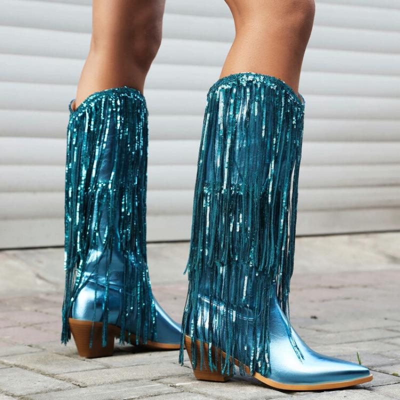 Женские сексуальные блестящие сапоги на толстом каблуке с кисточками, модные роскошные дизайнерские женские сапоги до колена, стильные заостренные женские сапоги-челси для подиума