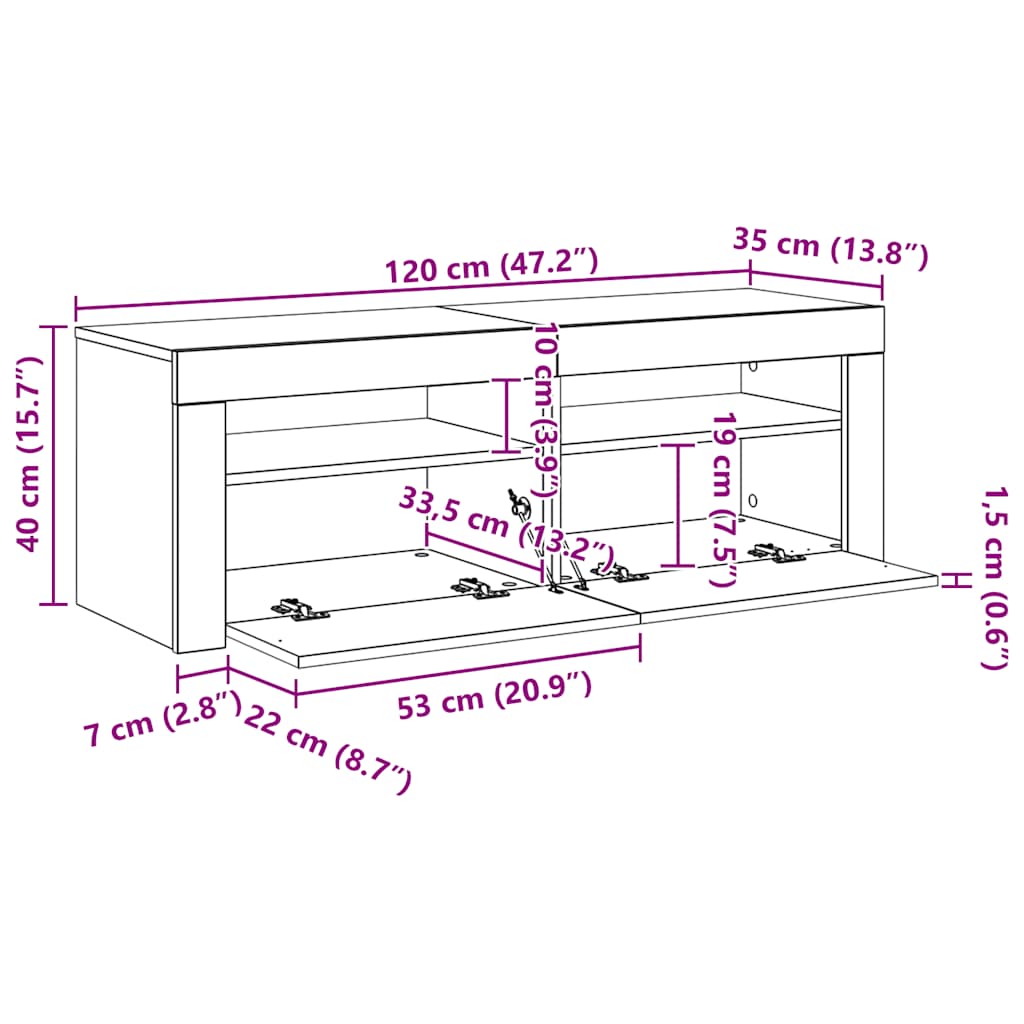 TV Stand with LED Lighting Artisan Oak Finish 120 x 35 x 40 cm Particleboard